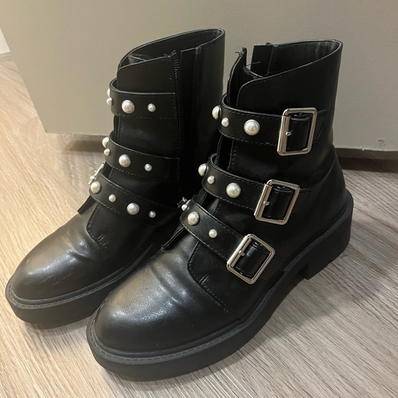 EUC Pearl Embellished Black Leather Combat Boots - Picture 2 of 7